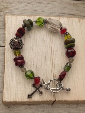 Natural Stone Bracelet with Silver Cross Accents